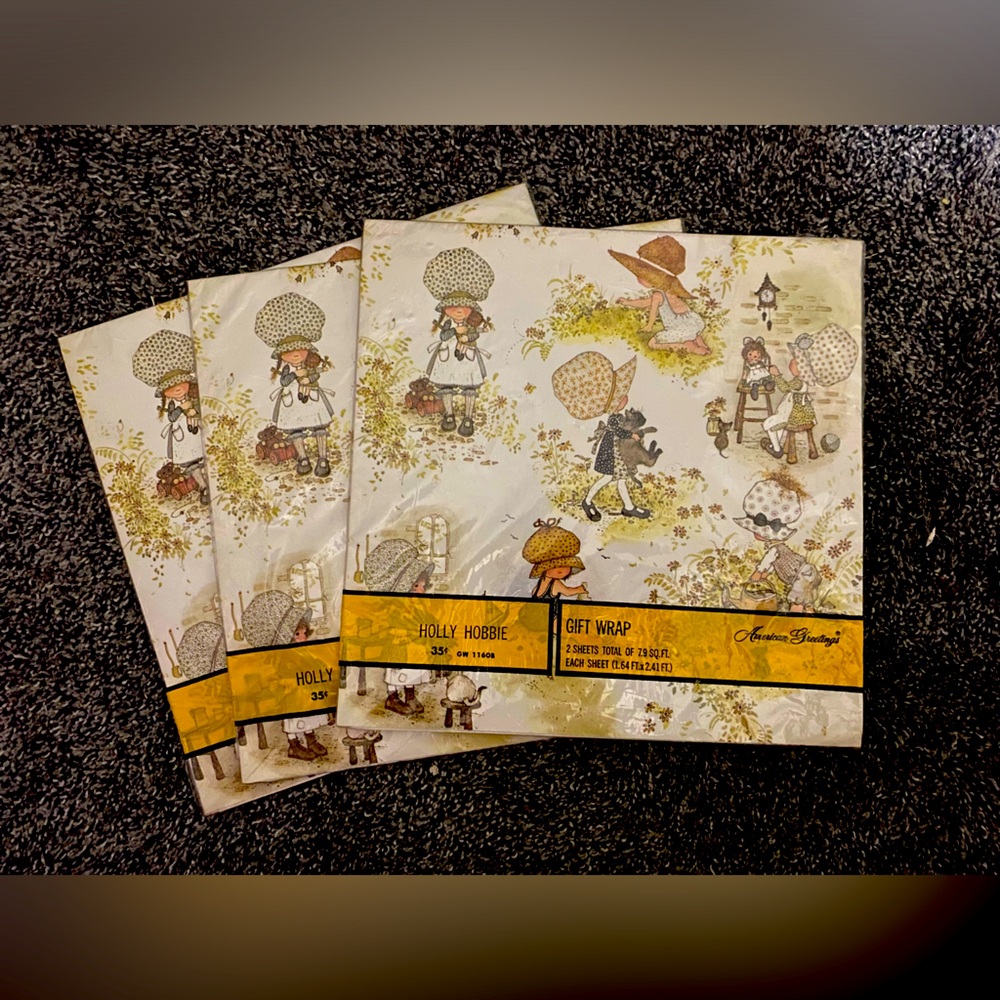 Vintage (3) pks of paper Holly Hobbie American Greetings Gift Wrap Hallmark